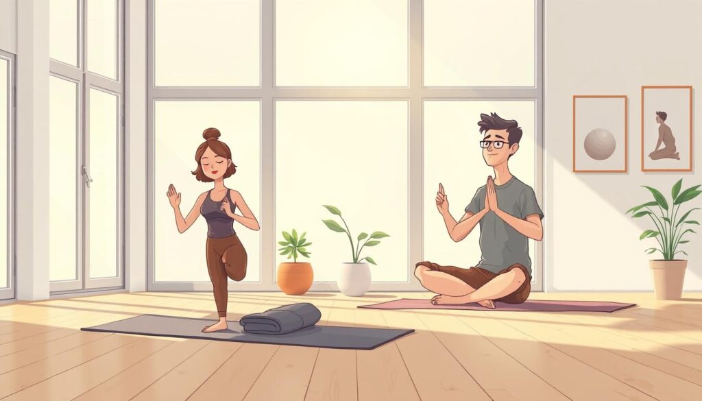 A serene indoor meditation space filled with soft natural light filtering through large windows, casting gentle patterns on a wooden floor. In the foreground, a diverse group of three individuals, two women and one man, are engaged in mindfulness activities. One woman practices yoga in a calming pose, wearing modest activewear, while the other sits cross-legged on a mat, meditating with eyes closed and a peaceful expression. The man stands nearby, practicing mindful breathing. In the background, a small indoor plant adds a touch of green, and calming art decorates the walls. The atmosphere feels tranquil and reflective, embodying self-awareness. The image captures the essence of personal growth and success through mindfulness practices. nextself.ai A serene indoor meditation space filled with soft natural light filtering through large windows, casting gentle patterns on a wooden floor. In the foreground, a diverse group of three individuals, two women and one man, are engaged in mindfulness activities. One woman practices yoga in a calming pose, wearing modest activewear, while the other sits cross-legged on a mat, meditating with eyes closed and a peaceful expression. The man stands nearby, practicing mindful breathing. In the background, a small indoor plant adds a touch of green, and calming art decorates the walls. The atmosphere feels tranquil and reflective, embodying self-awareness. The image captures the essence of personal growth and success through mindfulness practices. nextself.ai