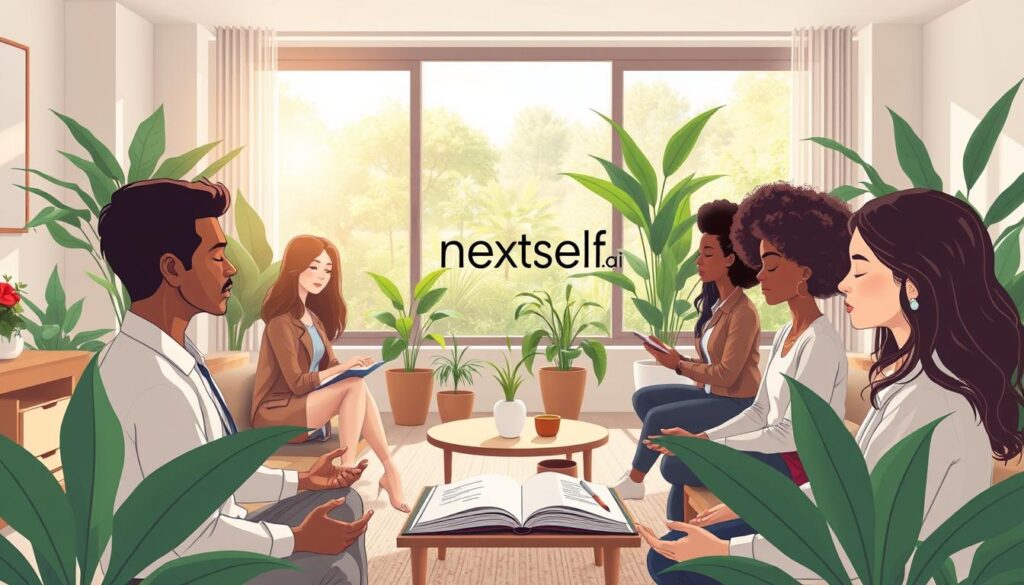 A serene modern workspace bathed in soft, natural lighting, showcasing a peaceful environment promoting self-awareness practices. In the foreground, a diverse group of three individuals, dressed in professional attire, are engaged in mindful activities such as meditation and journaling, their expressions reflective and focused. The middle ground features a cozy seating area with lush indoor plants and a small coffee table with open journals and mindfulness tools. In the background, large windows reveal a tranquil garden, enhancing the atmosphere of calm and self-discovery. The scene embodies a sense of personal growth and success, with a gentle color palette of greens and soft neutrals. The brand name "nextself.ai" subtly integrated into the background design. A serene modern workspace bathed in soft, natural lighting, showcasing a peaceful environment promoting self-awareness practices. In the foreground, a diverse group of three individuals, dressed in professional attire, are engaged in mindful activities such as meditation and journaling, their expressions reflective and focused. The middle ground features a cozy seating area with lush indoor plants and a small coffee table with open journals and mindfulness tools. In the background, large windows reveal a tranquil garden, enhancing the atmosphere of calm and self-discovery. The scene embodies a sense of personal growth and success, with a gentle color palette of greens and soft neutrals. The brand name "nextself.ai" subtly integrated into the background design.